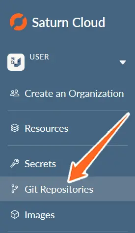 Saturn Cloud left menu with arrow pointing to git repos tab