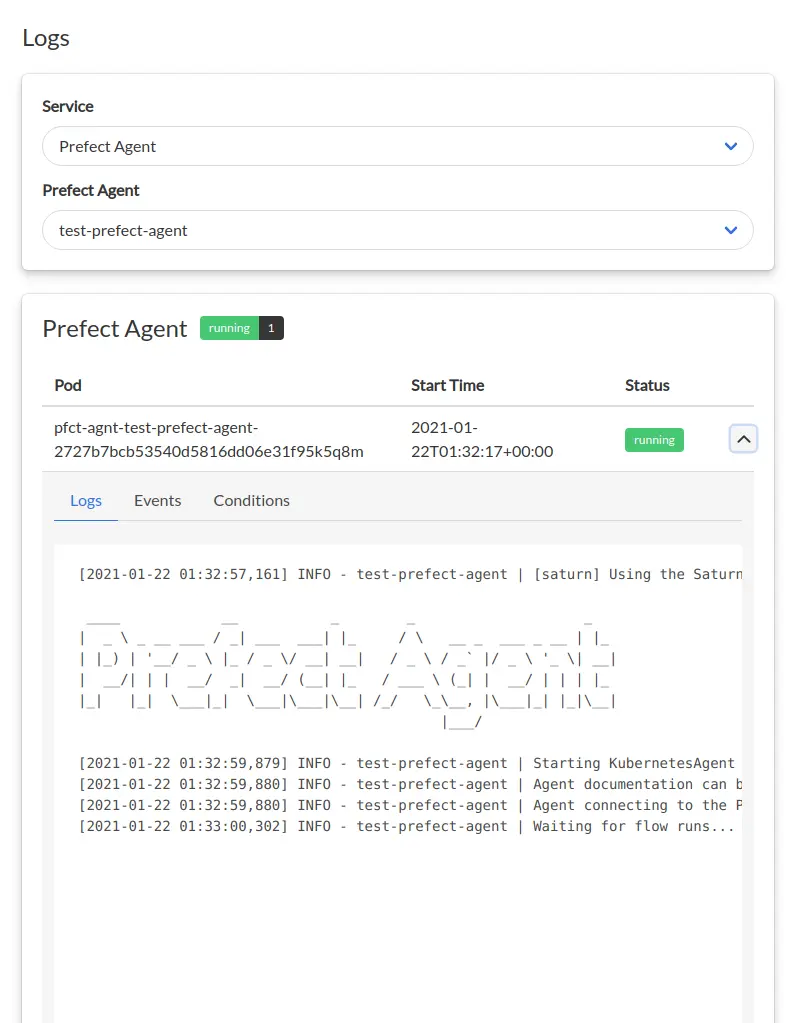 Log viewing page in Saturn Cloud UI showing the logs for a Prefect Agent