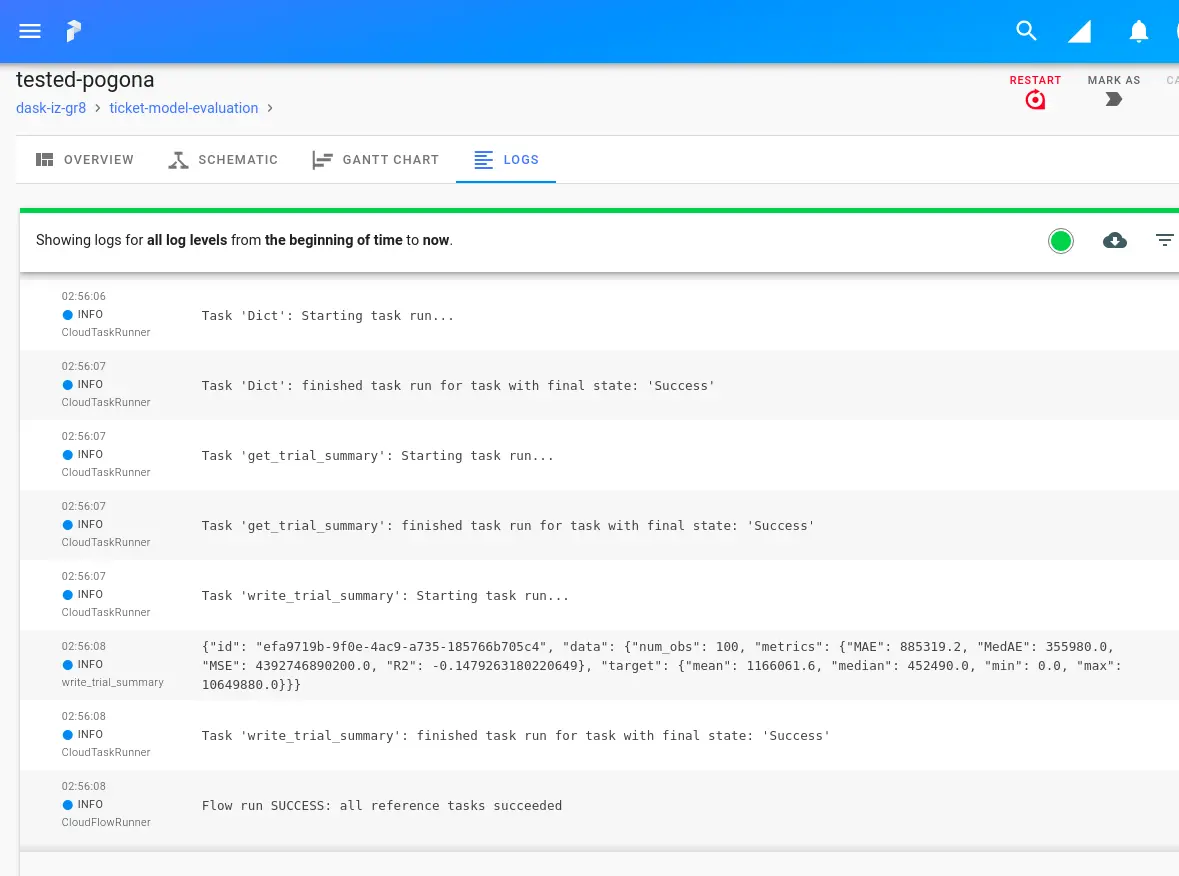 View of the Prefect Cloud page showing logs for the run of the scheduled flow