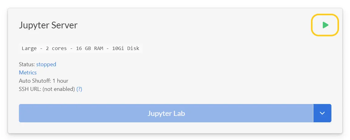 Screenshot of card in resource for Jupyter server with green 'start' button